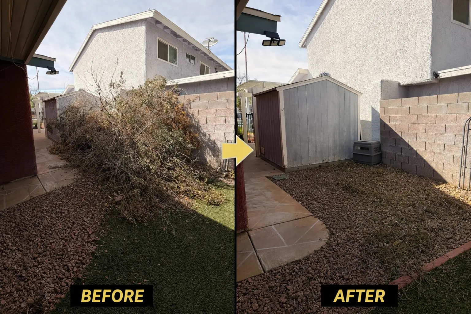 Before and after yard cleanup by Larsen's Junk Removal in Las Vegas