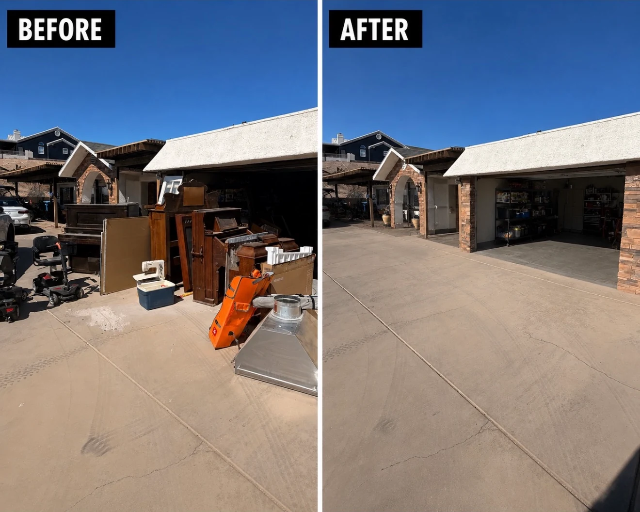 Before and after of a Larsen's driveway and garage clearout